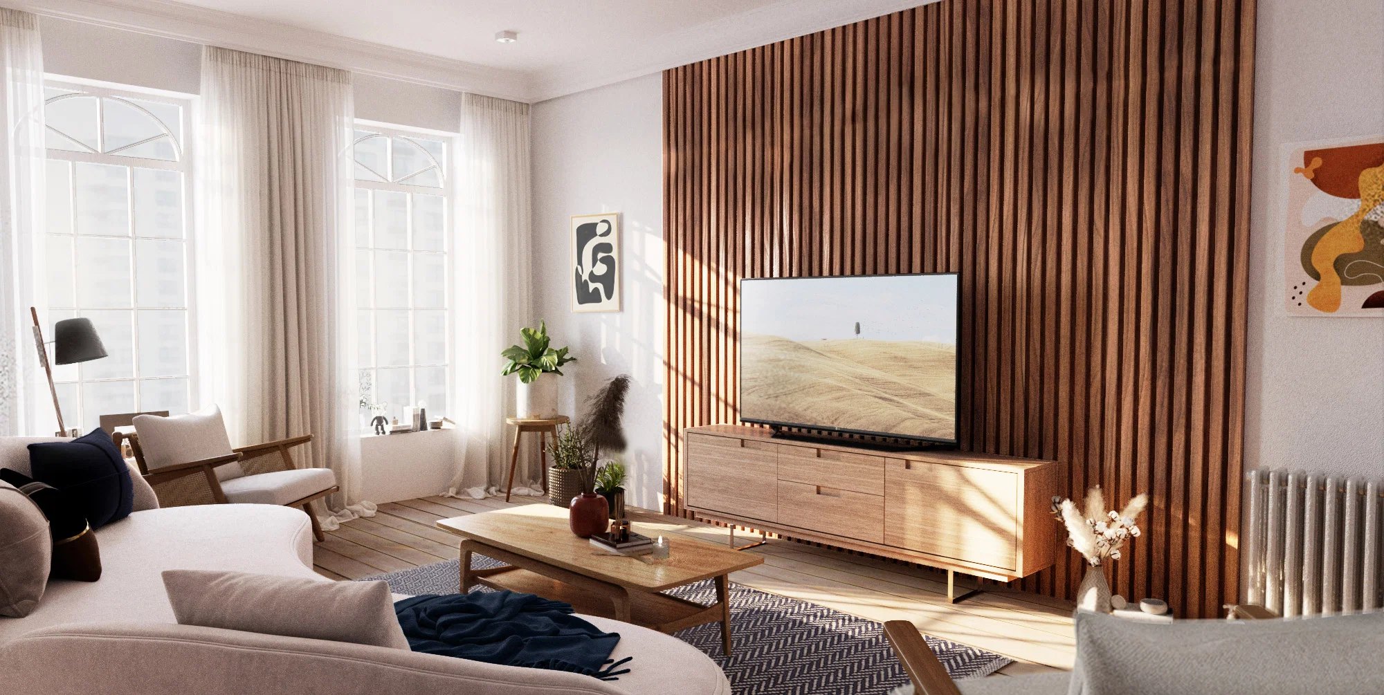 Sala planejada com painel ripado de madeira e iluminação natural